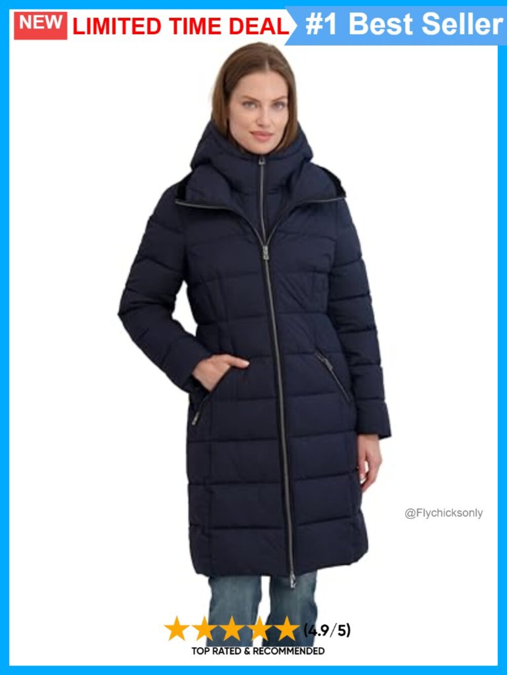 Women's Slim Fit Quilted Long Puffer Coat Hooded Bib Insert Zip Front